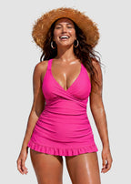 Traje de baño de dos piezas con escote en V, espalda cruzada y fruncido, con braguita de bikini
