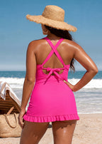 Traje de baño de dos piezas con escote en V, espalda cruzada y fruncido, con braguita de bikini