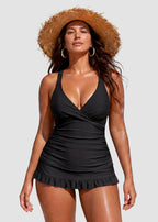 Traje de baño de dos piezas con escote en V, espalda cruzada y fruncido, con braguita de bikini