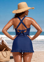 Traje de baño de dos piezas con escote en V, espalda cruzada y fruncido, con braguita de bikini