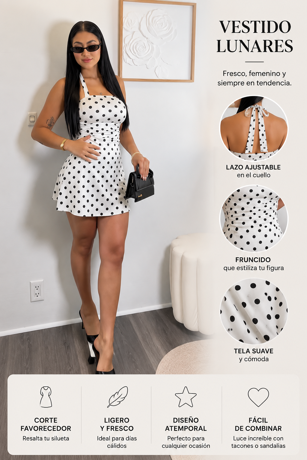 Women's sleeveless polka dot short dress with halter neckline and gathered back