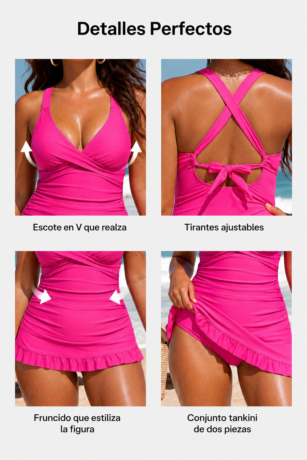 Traje de baño de dos piezas con escote en V, espalda cruzada y fruncido, con braguita de bikini