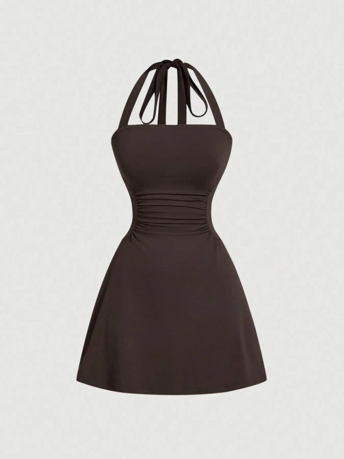 Women's sleeveless polka dot short dress with halter neckline and gathered back